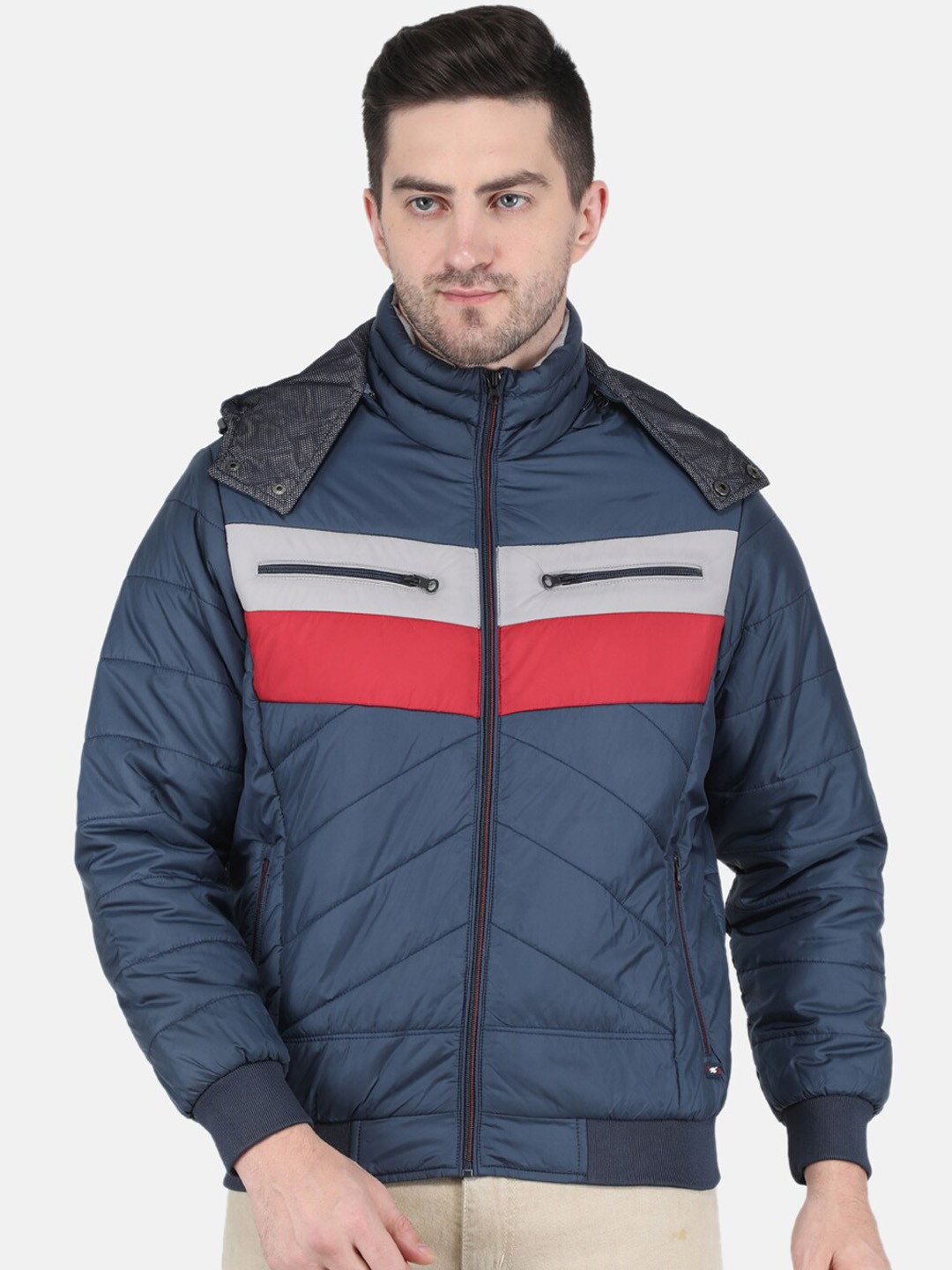 

Monte Carlo Men Navy Blue & Red Colourblocked Hooded Padded Jacket