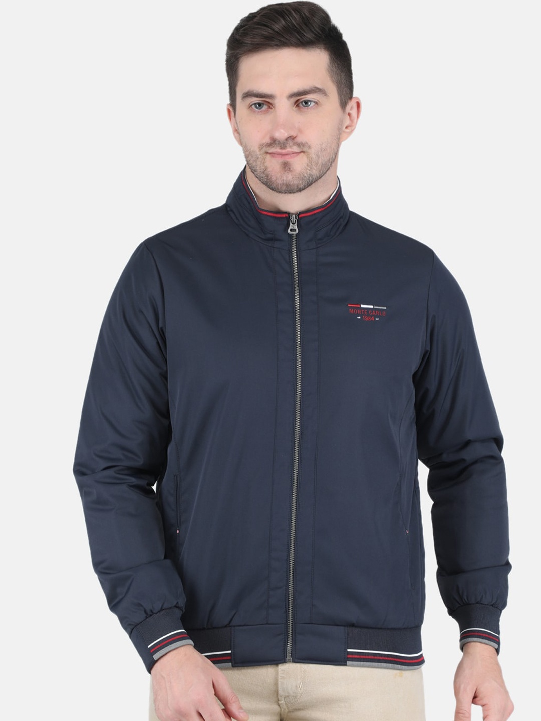 

Monte Carlo Men Navy Blue Solid Long Sleeves Bomber Jacket