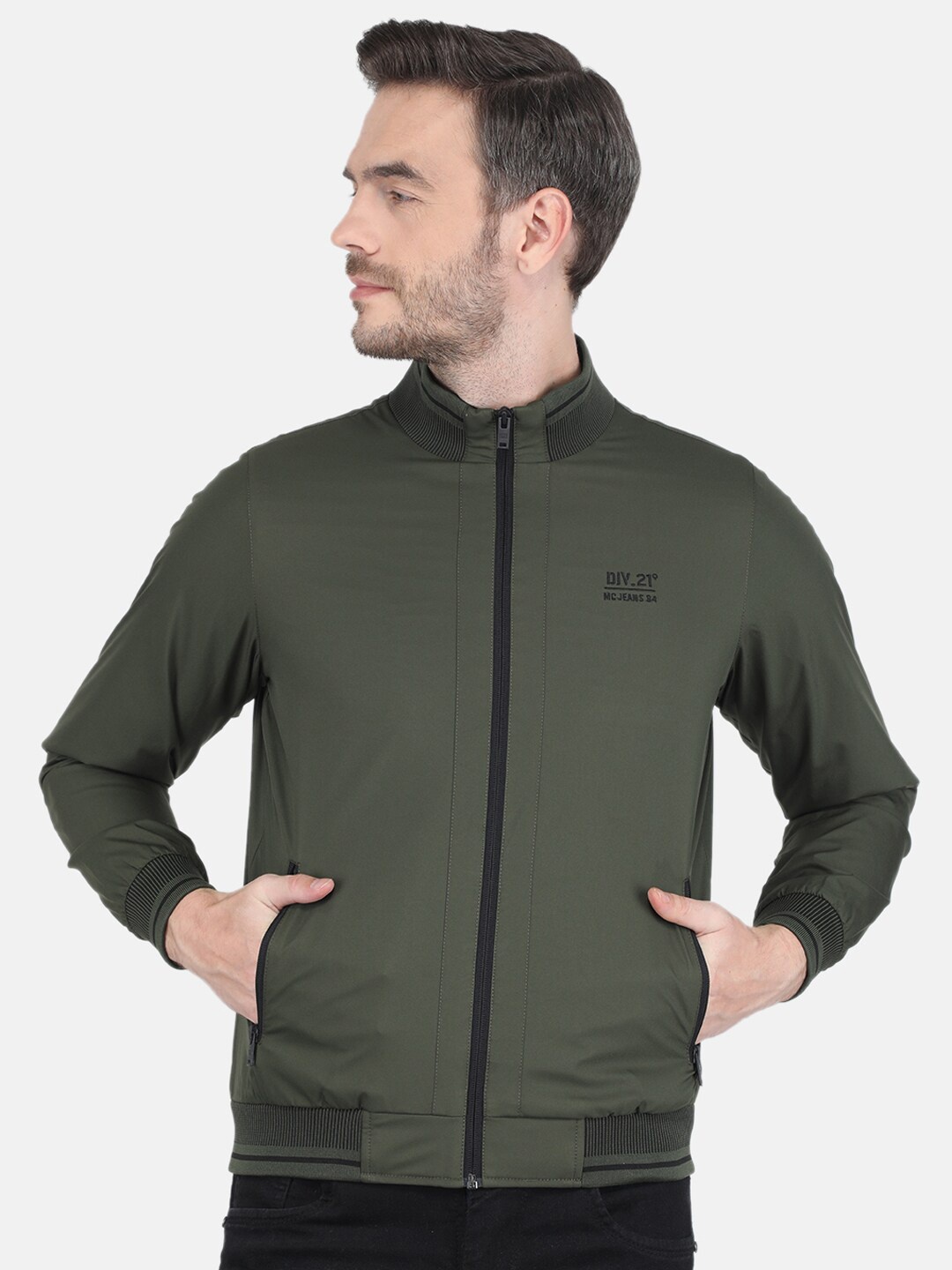 

Monte Carlo Men Olive Green Solid Long Sleeves Bomber Jacket