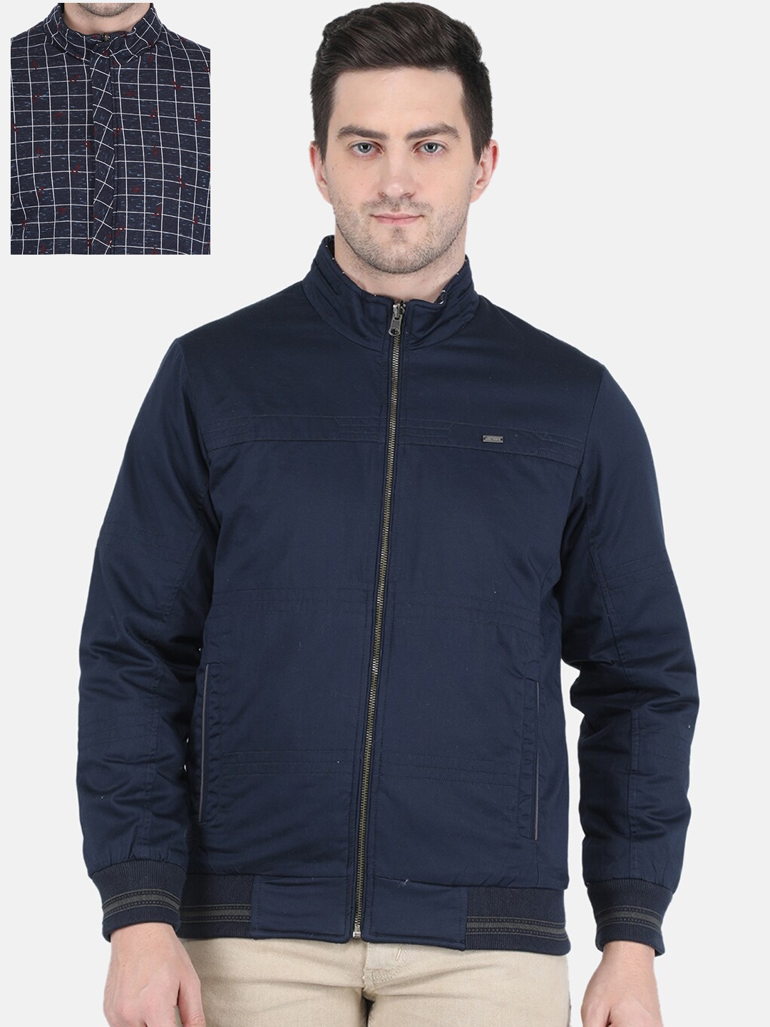 

Monte Carlo Men Navy Blue Zip Detail Bomber Jacket, Maroon