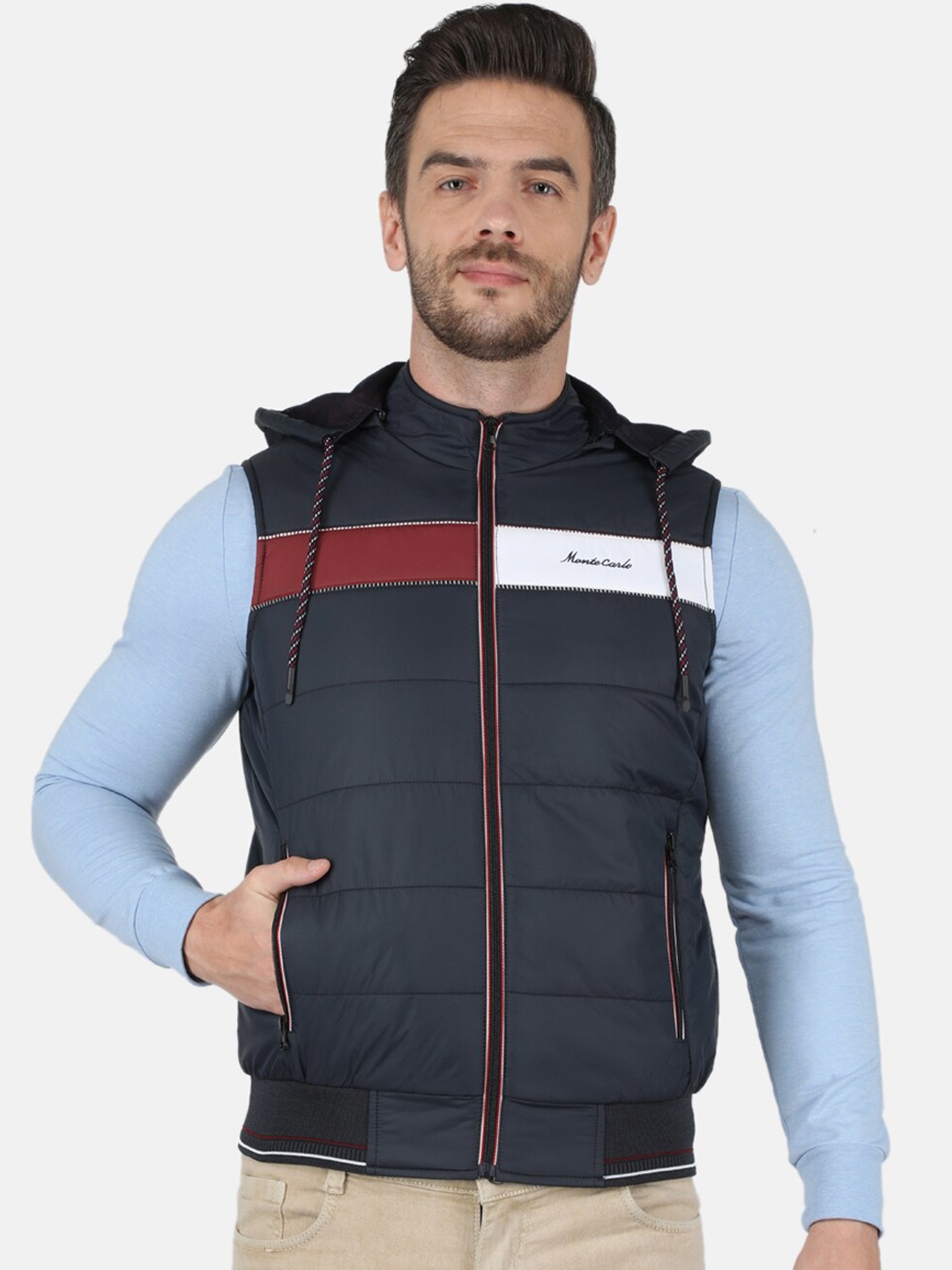 

Monte Carlo Men Navy Blue Colourblocked Bomber Jacket