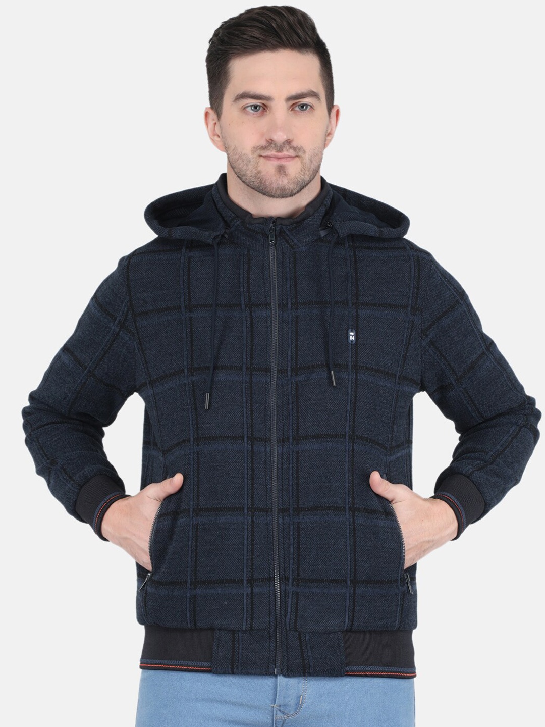 

Monte Carlo Men Navy Blue Checked Hooded Bomber Jacket