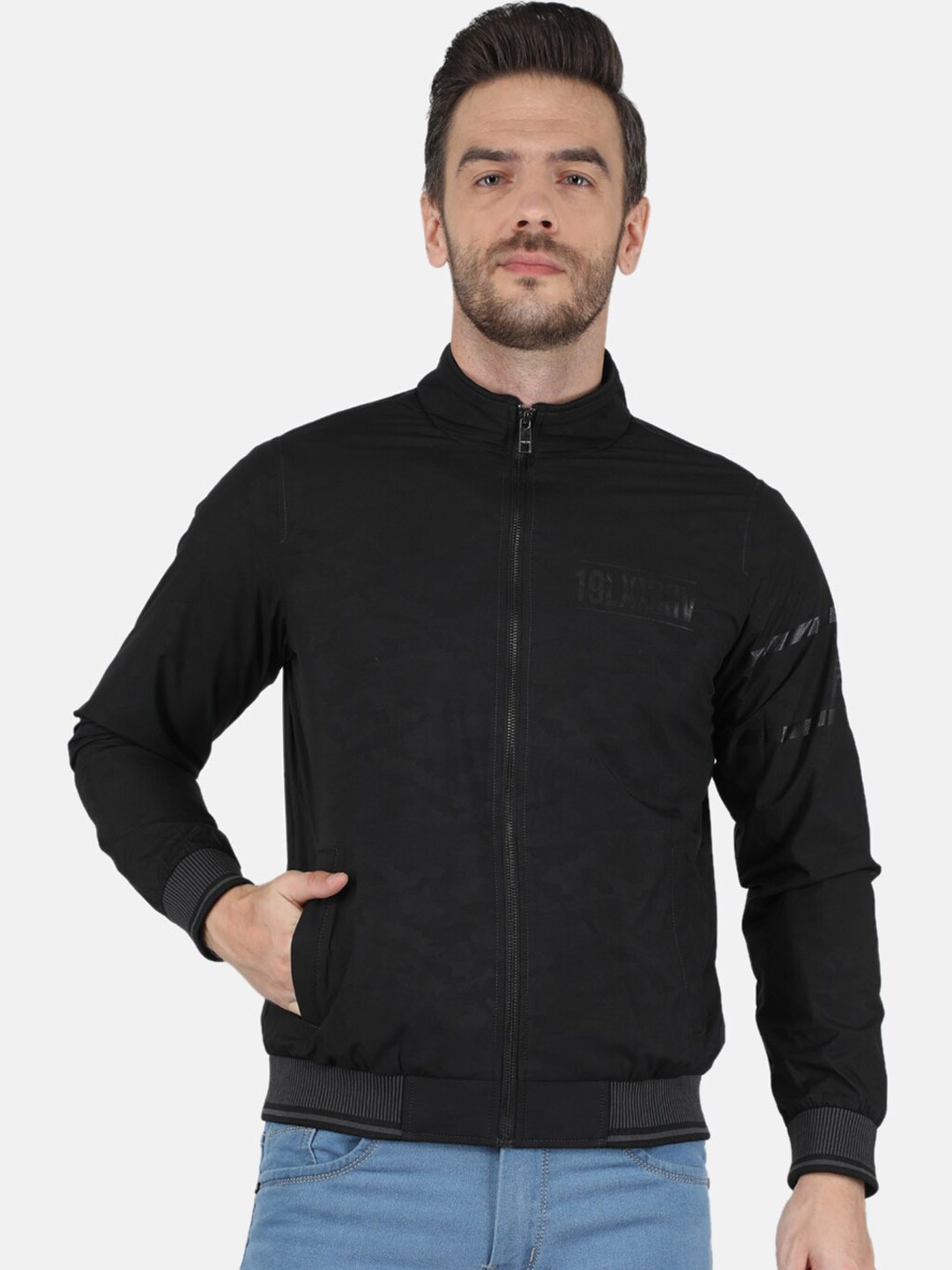 

Monte Carlo Men Black Camouflage Printed Bomber Jacket