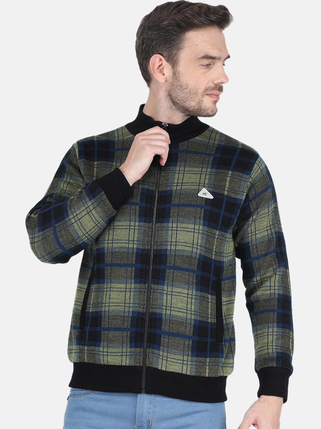 

Monte Carlo Men Black & Olive Green Checked Woolen Bomber Jacket