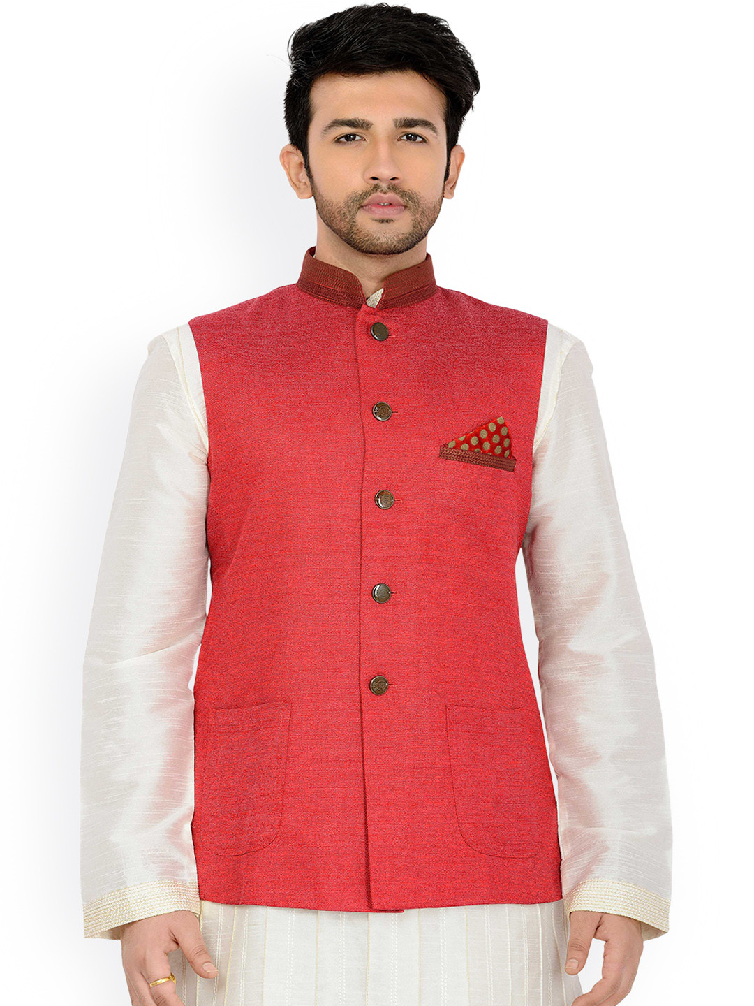 

Manyavar Coral Red Nehru Jacket