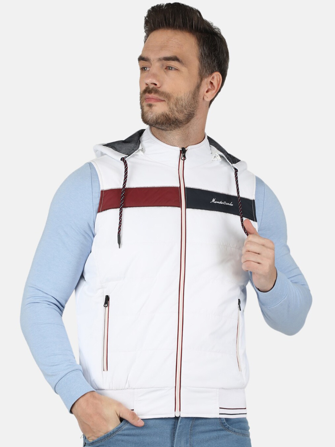 

Monte Carlo Men Plus Size White Colourblocked Hooded Sporty Jacket