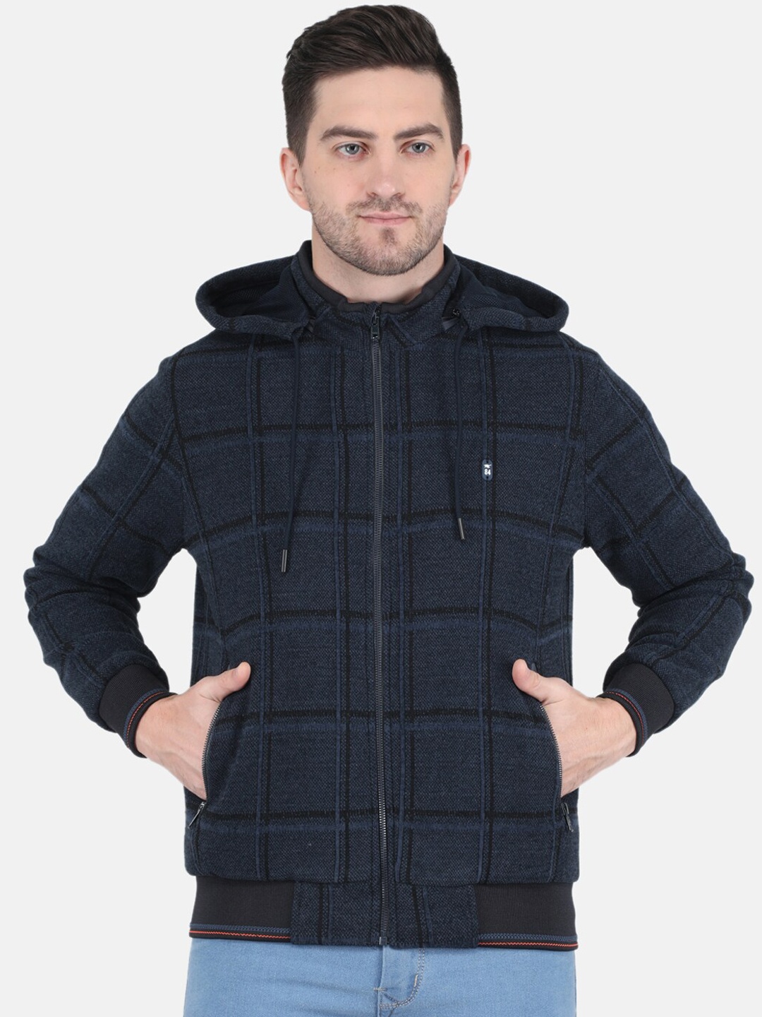 

Monte Carlo Men Navy Blue Checked Hooded Bomber Jacket