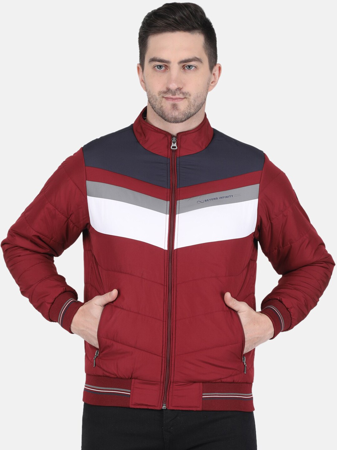 

Monte Carlo Men Maroon & Navy Blue Striped Bomber Jacket