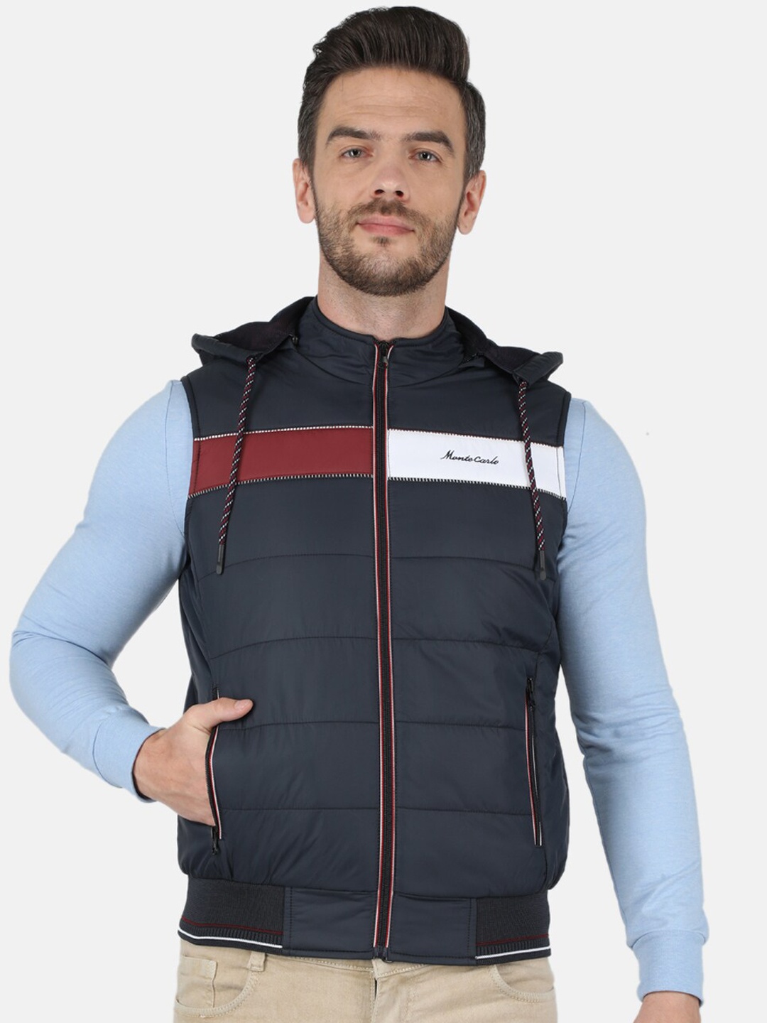 

Monte Carlo Men Navy Blue Red Colourblocked Puffer Jacket