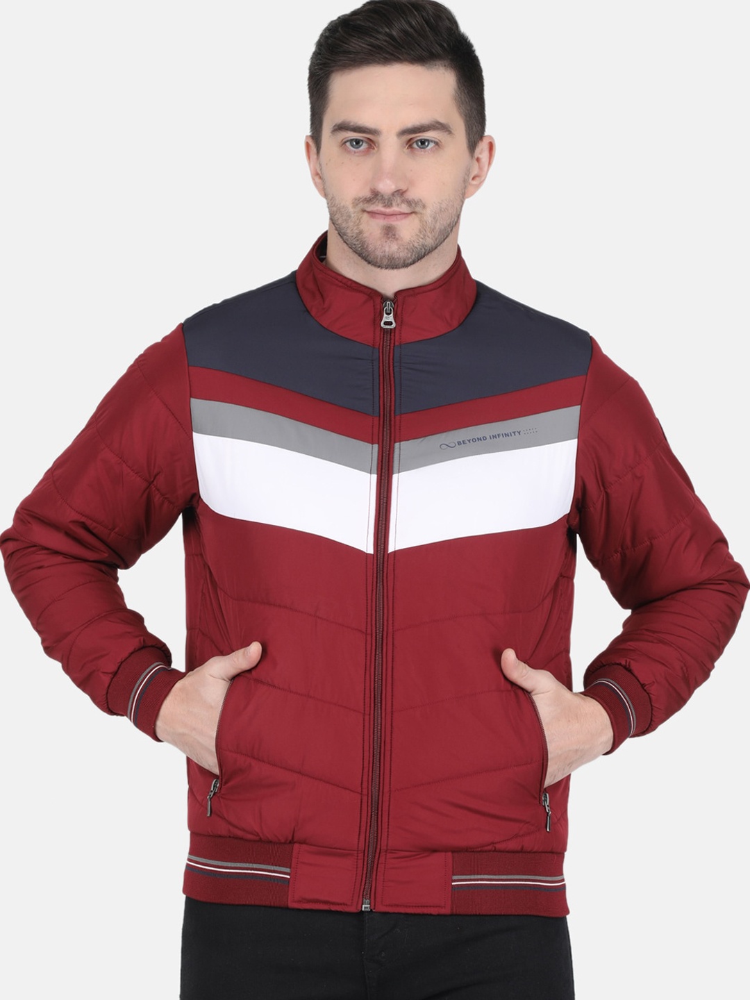 

Monte Carlo Men Maroon Striped Bomber Jacket