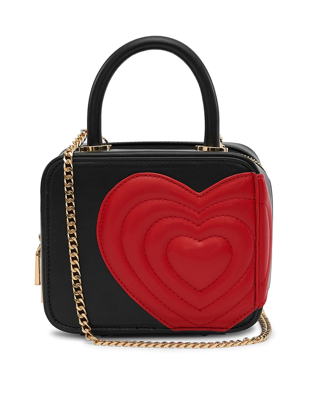 

MIRAGGIO Black Structured Handbag with Sling Chain & Quilted Heart Detailing