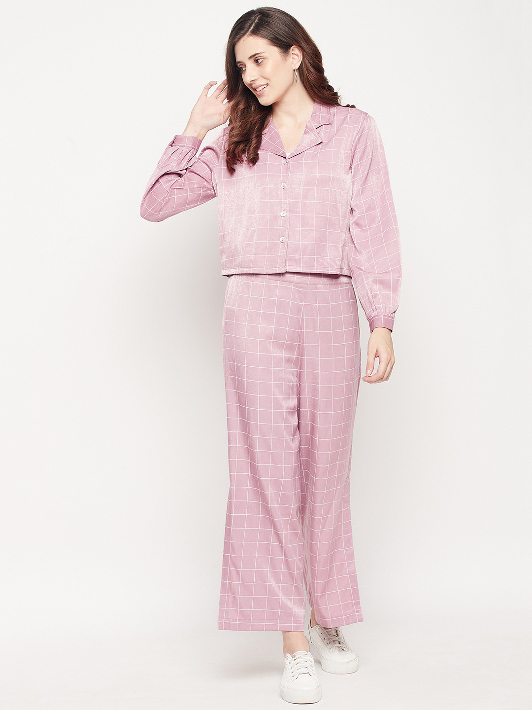 

Madame Women Pink & White Checked Shirt with Trousers