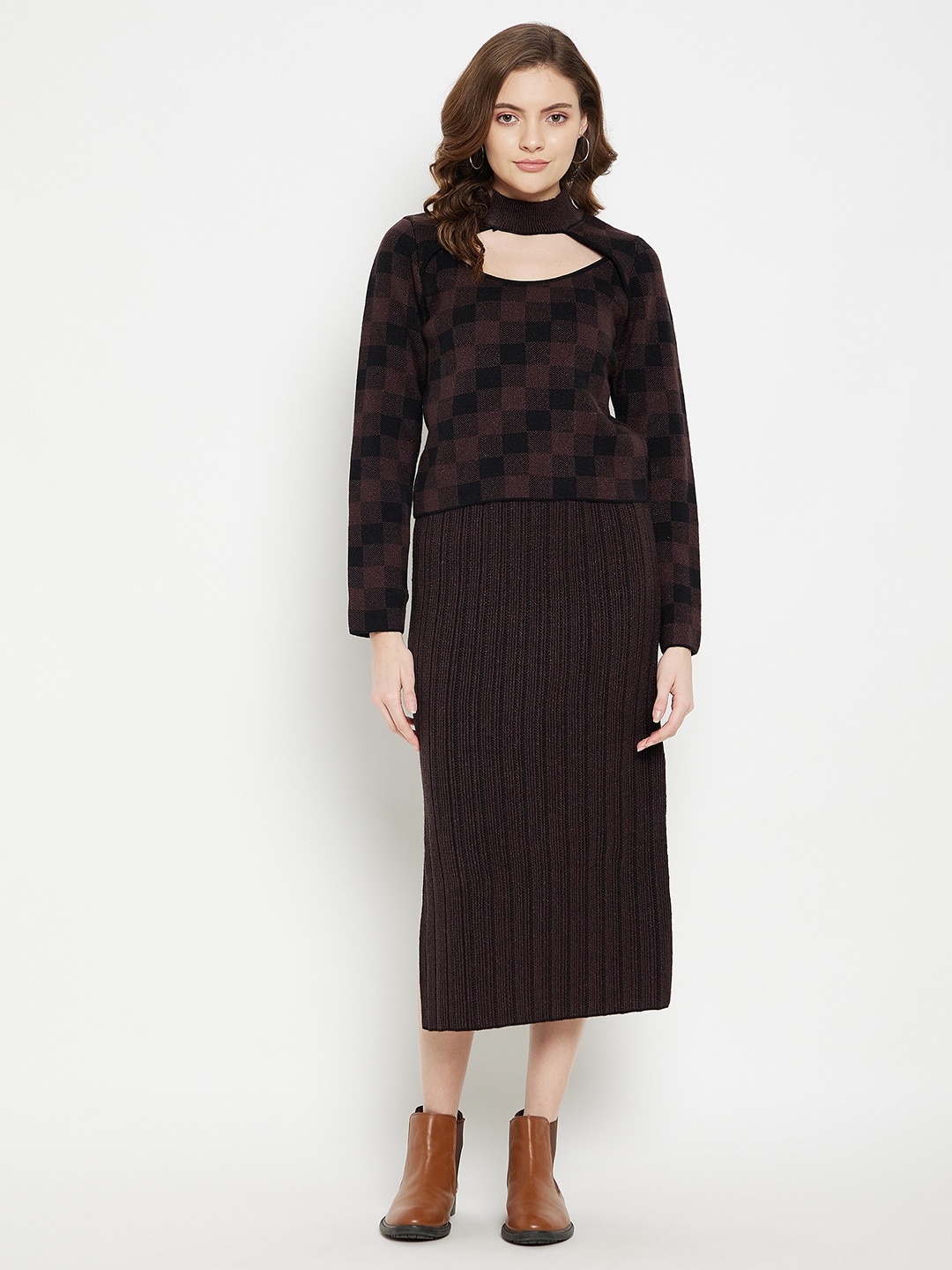 

Madame Women Brown & Black Checked Top with Skirt & Jacket