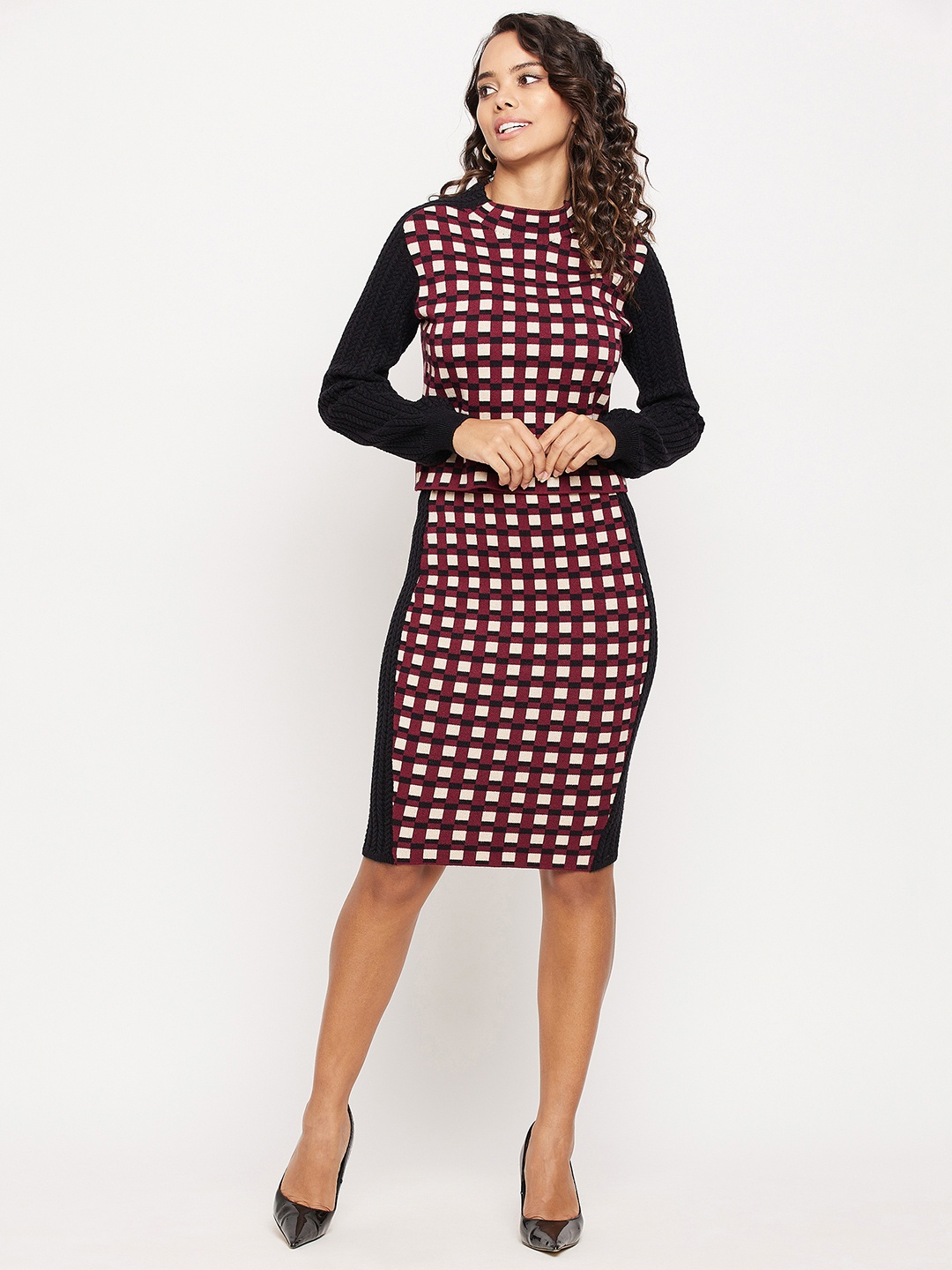 

Madame Women Red & Black Checked Sweatshirt with Skirt