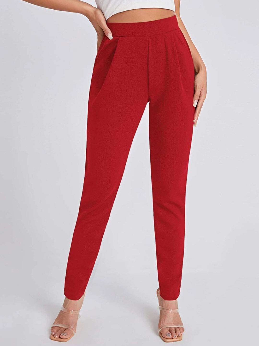 

Womenster Women Red Slim Fit High-Rise Pleated Trousers