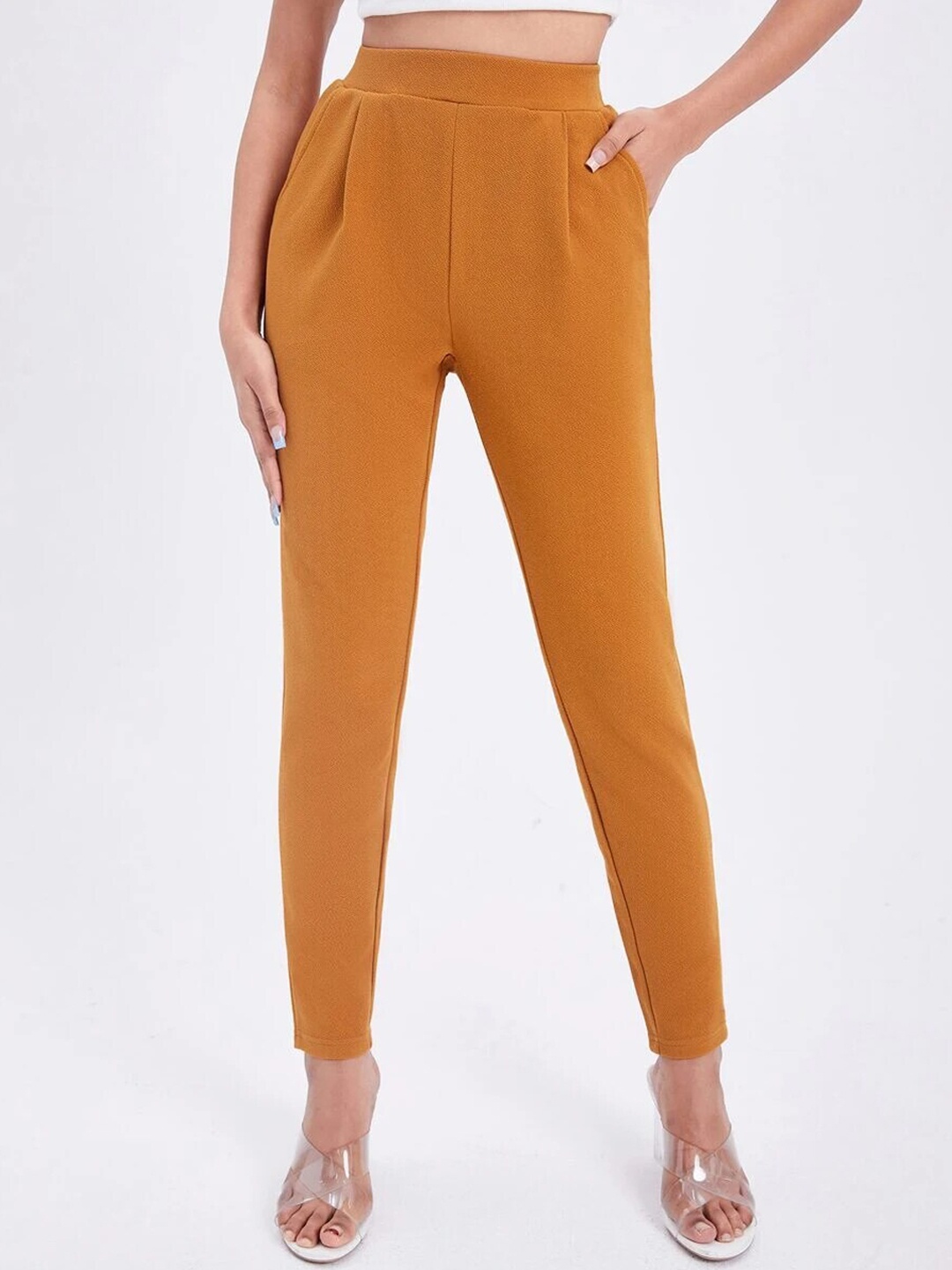 

Womenster Women Mustard Yellow Slim Fit High-Rise Pleated Trousers
