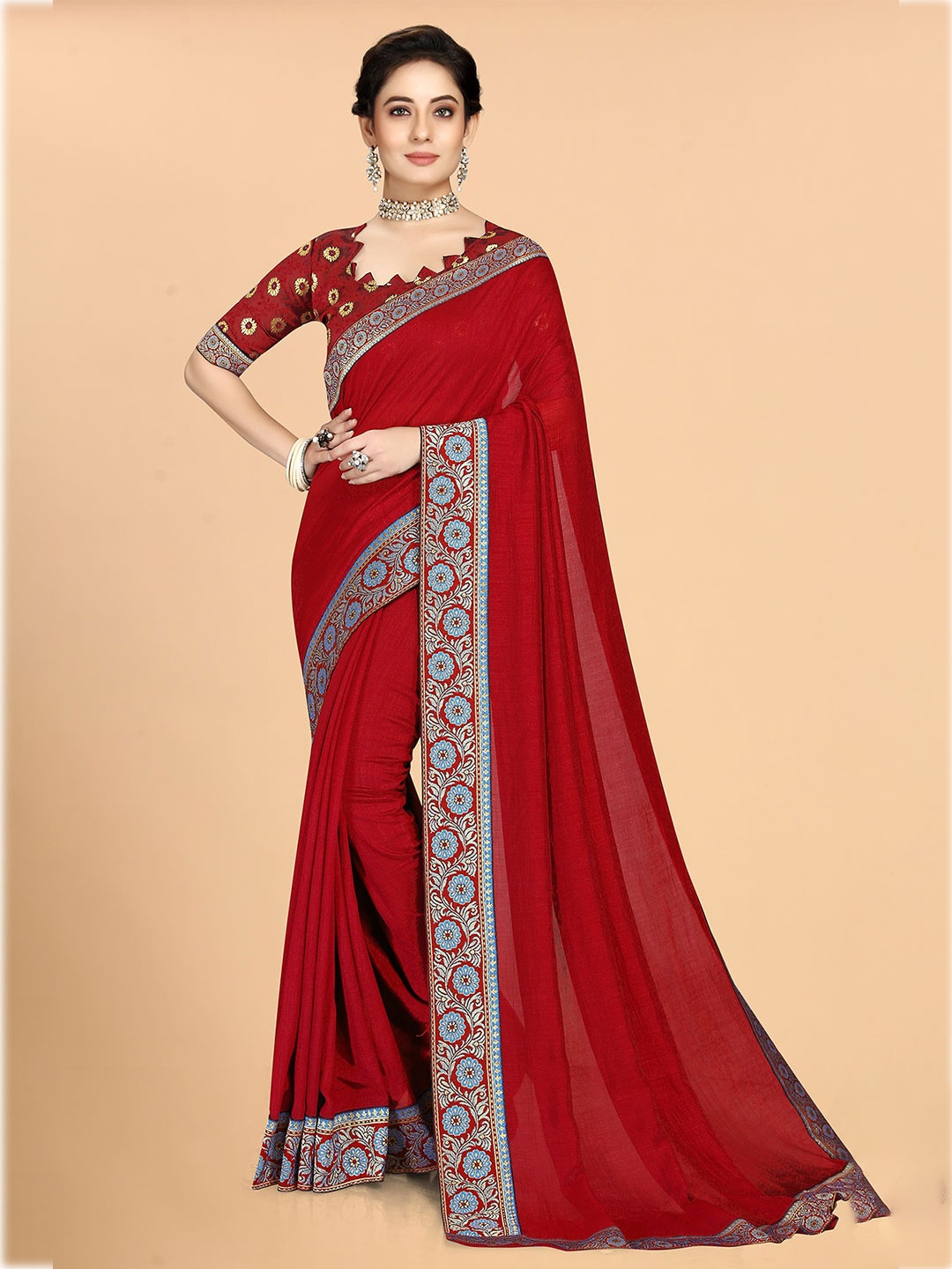 

Anjaneya Sarees Red & Blue Embroidered Silk Blend Saree