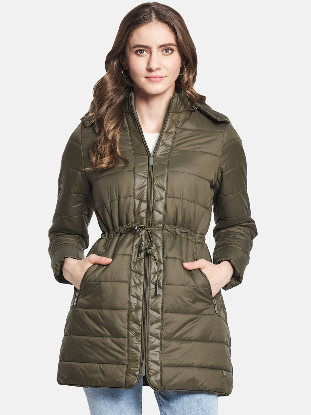 

Monte Carlo Women Olive Green Solid Hooded Longline Parka Jacket