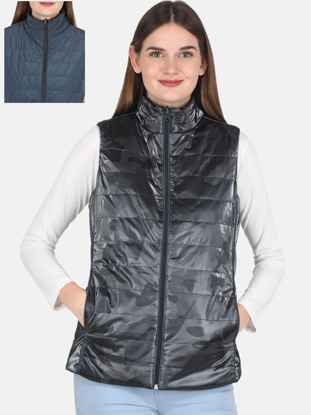 

Monte Carlo Women Navy Blue Camouflage Longline Puffer Jacket
