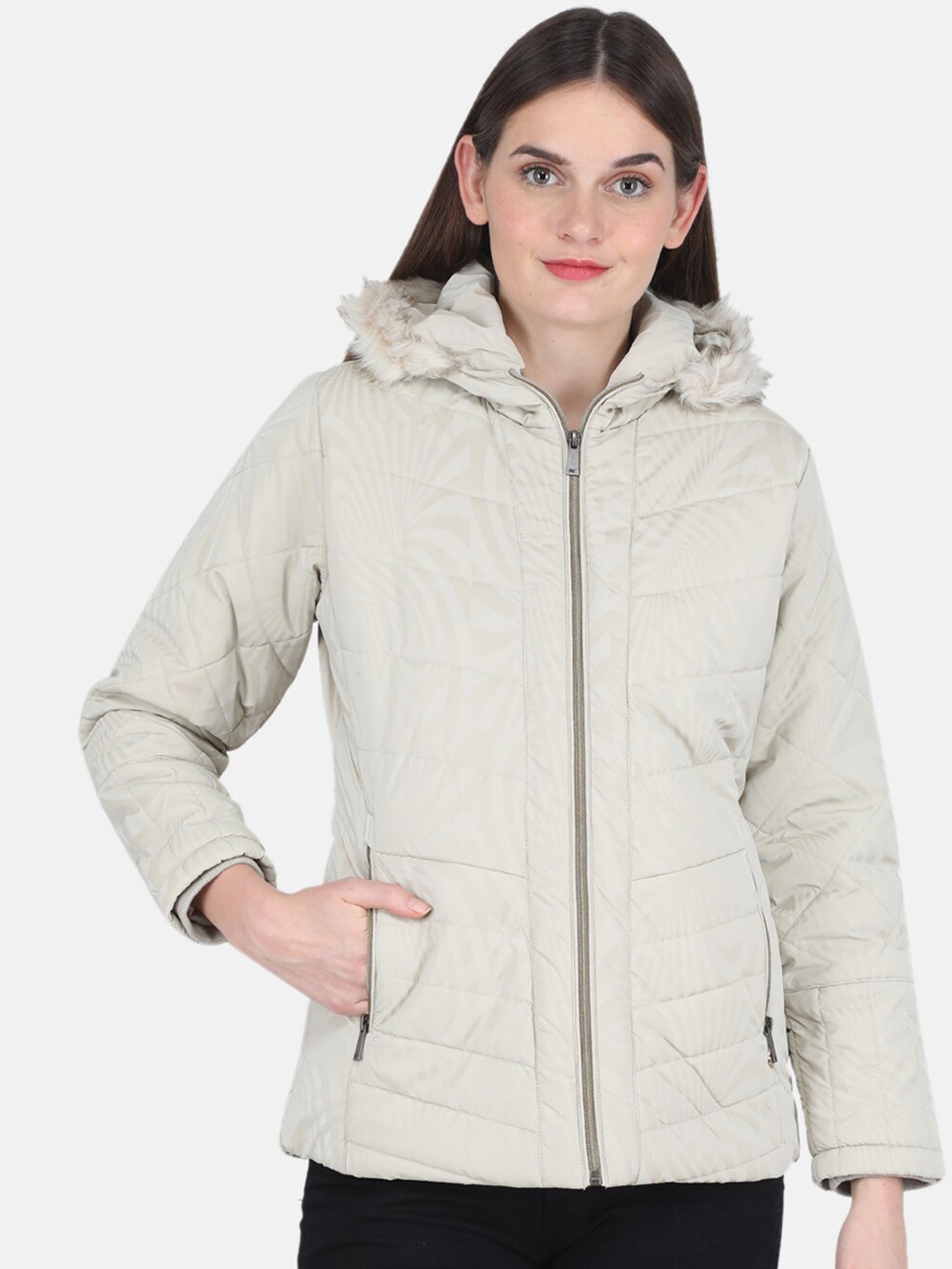 

Monte Carlo Women Beige Self Design Hooded Bomber Jacket