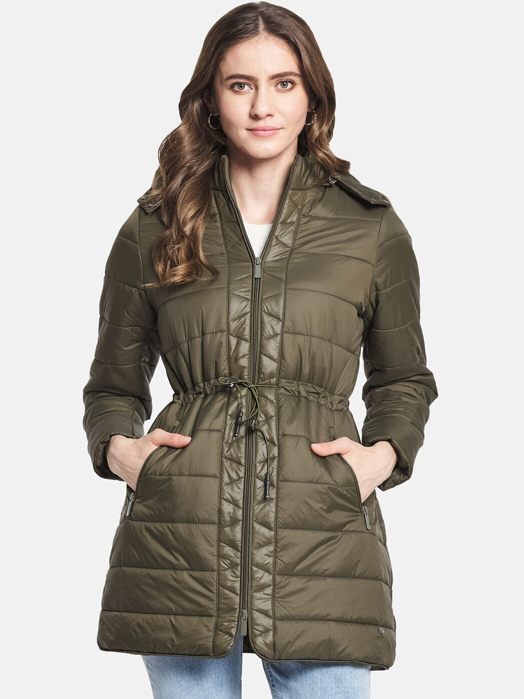 

Monte Carlo Women Olive Green Floral Longline Parka Jacket
