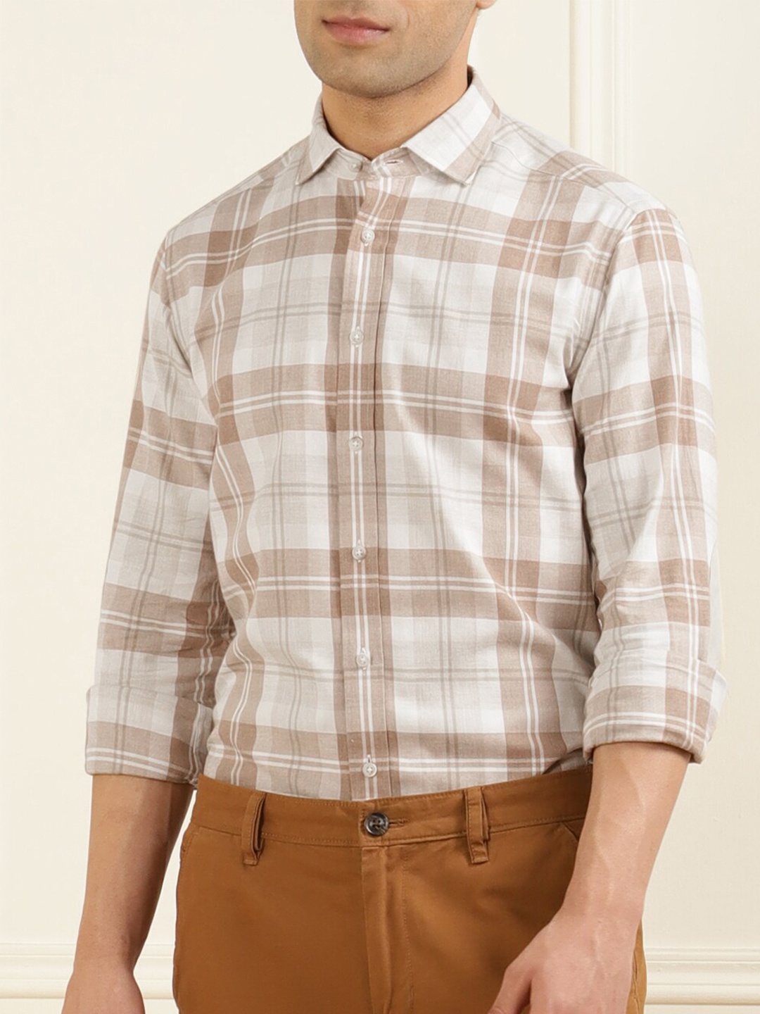 

HACKETT LONDON Men Comfort Checked Pure Cotton Casual Shirt, Cream