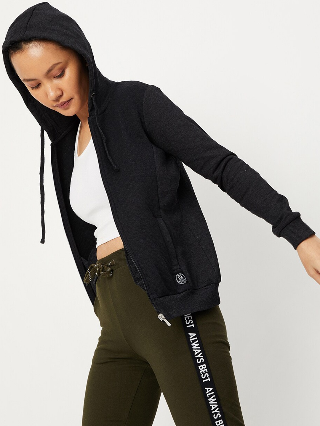 

max Women Black Solid Hooded Bomber Jacket