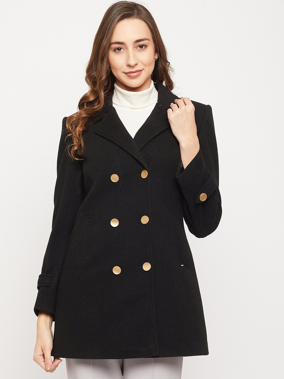 

Okane Women Black Double-Breasted Wool Over Coat