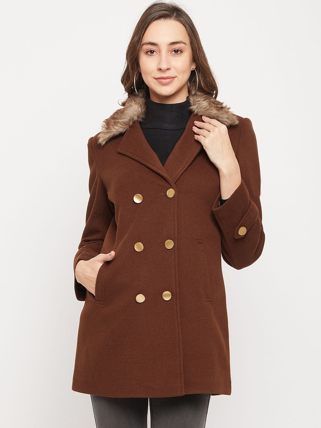 

Okane Women Coffee Brown Double-Breasted Over Coat