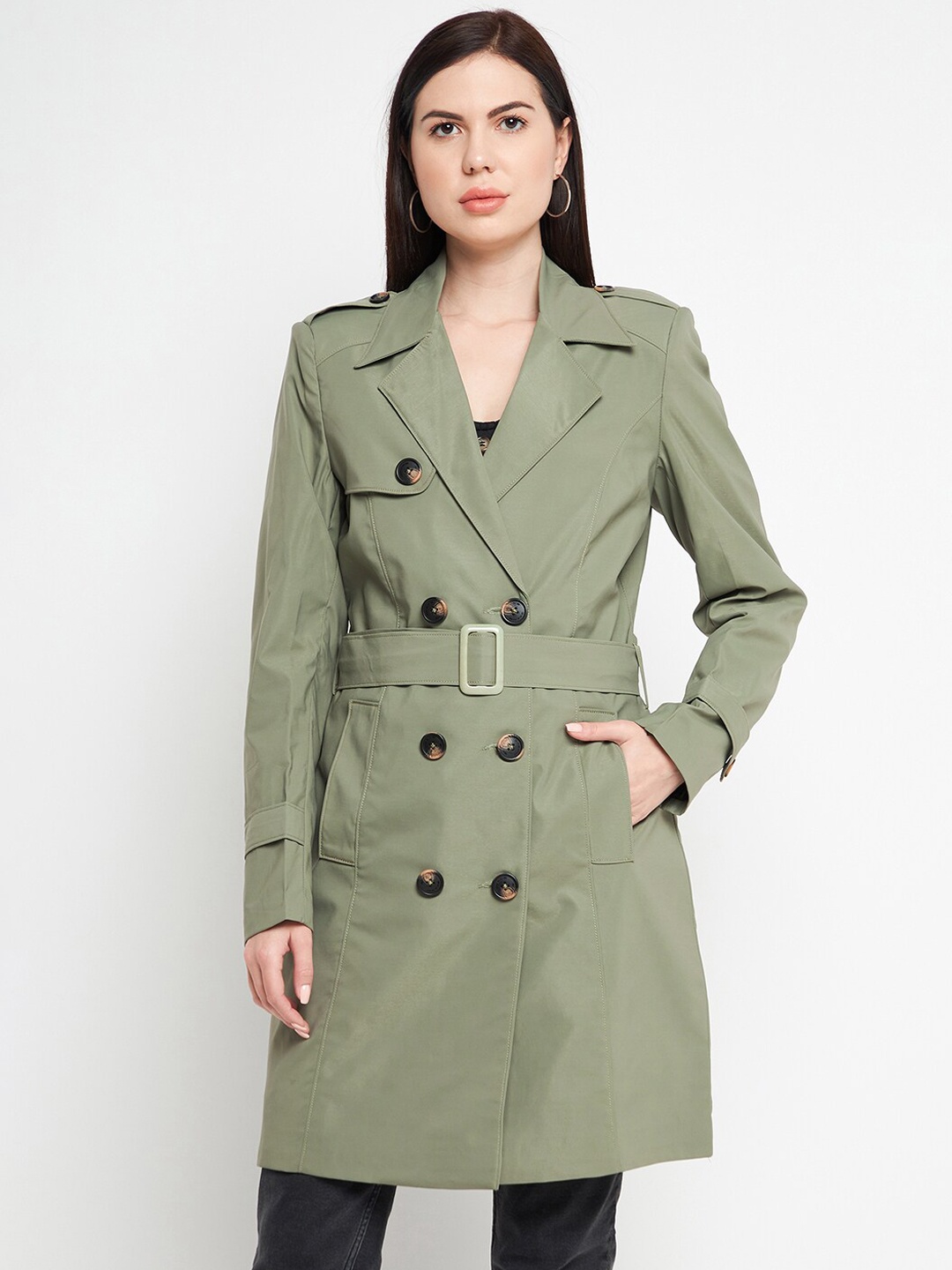 

Okane Women Olive Green Double-Breasted Trench Coats