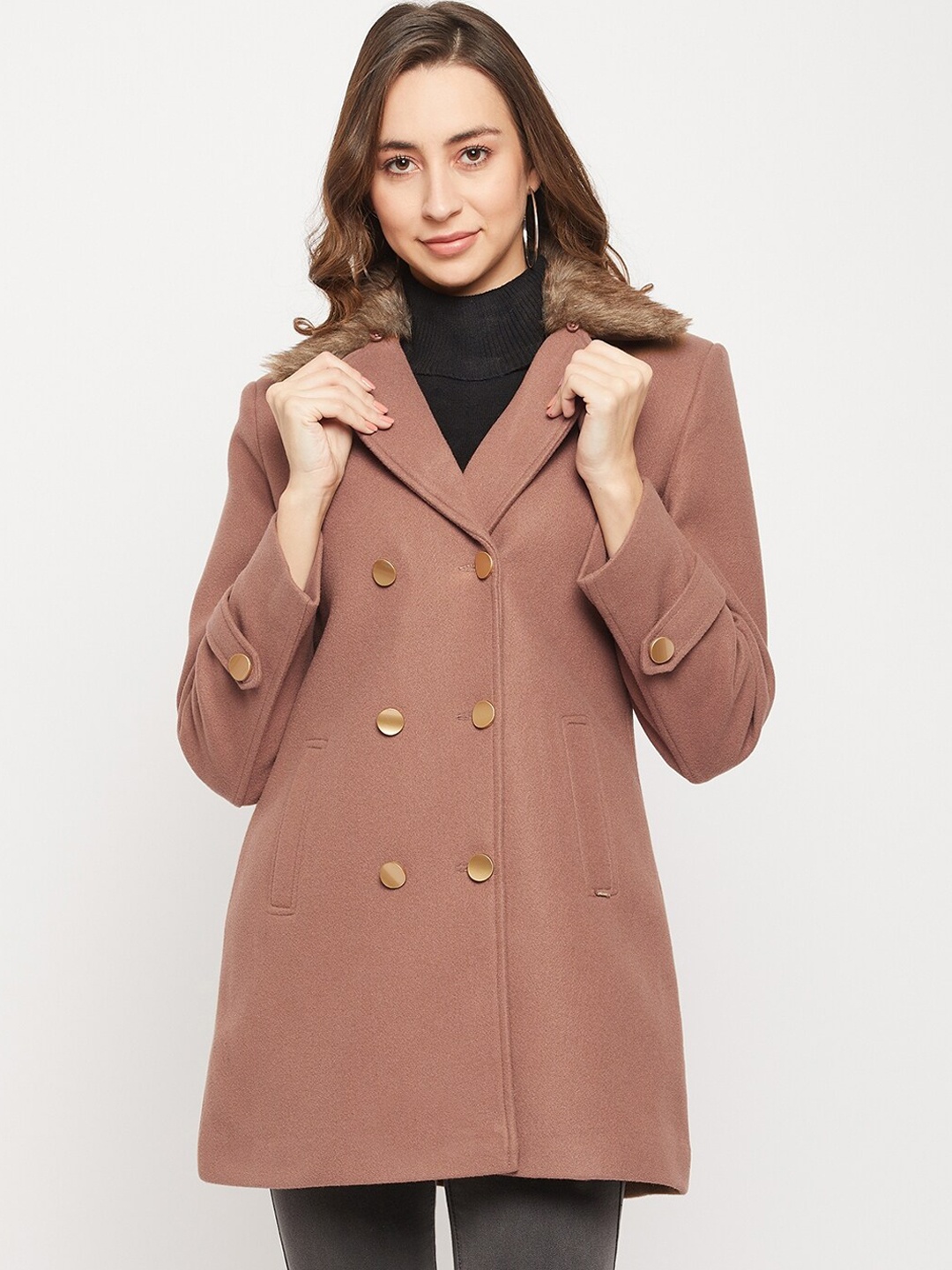 

Okane Women Khaki-Colored Double-Breasted Over Coat