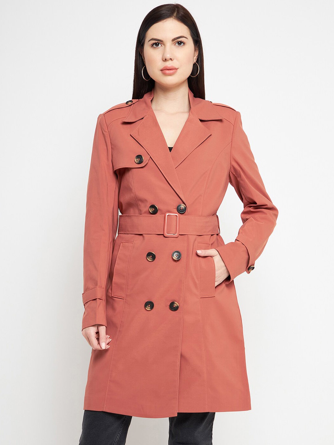

Okane Women Rust-Brown Double-Breasted Trench Coats