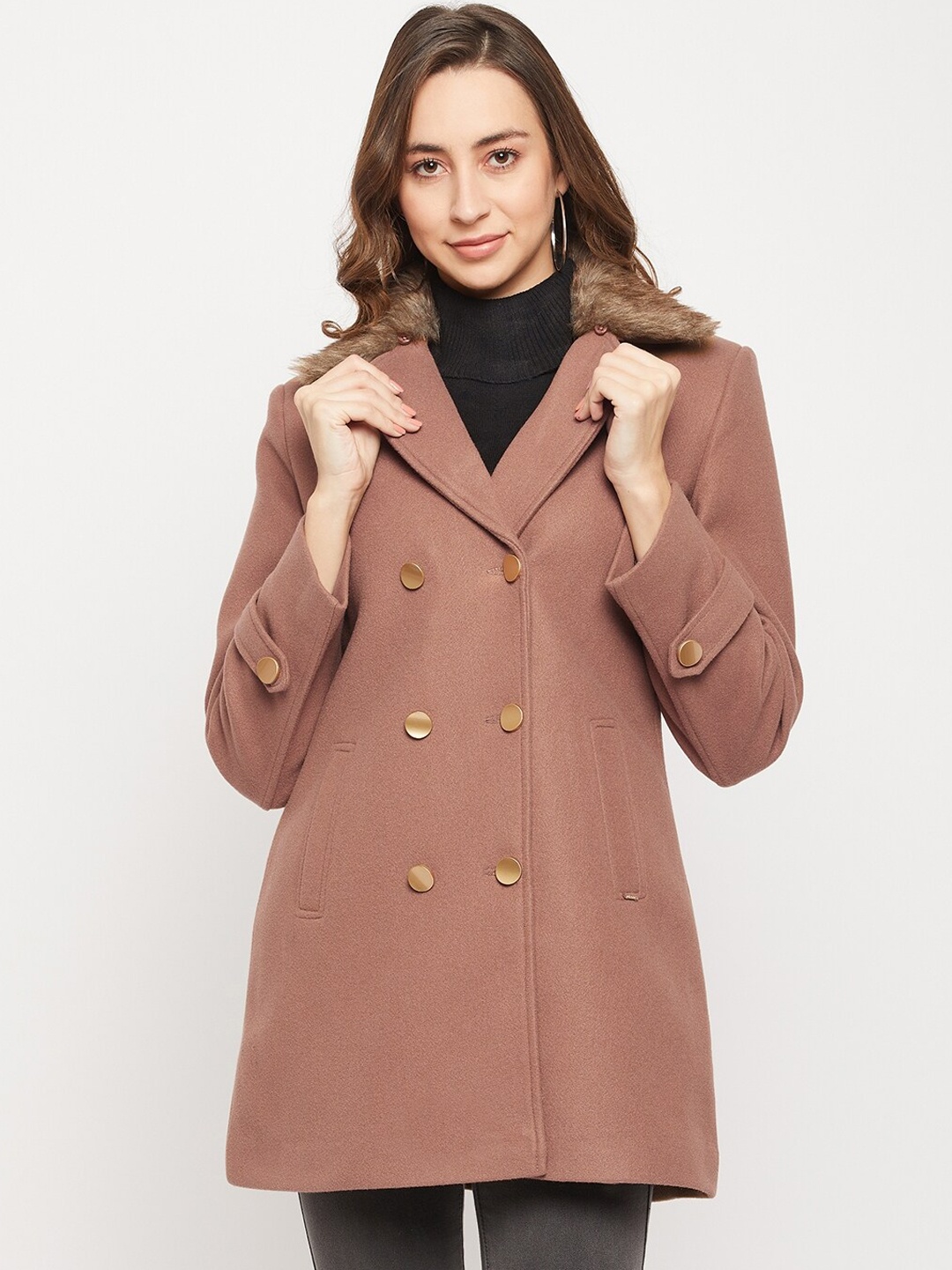 

Okane Women Khaki-Colored Double-Breasted Over Coat