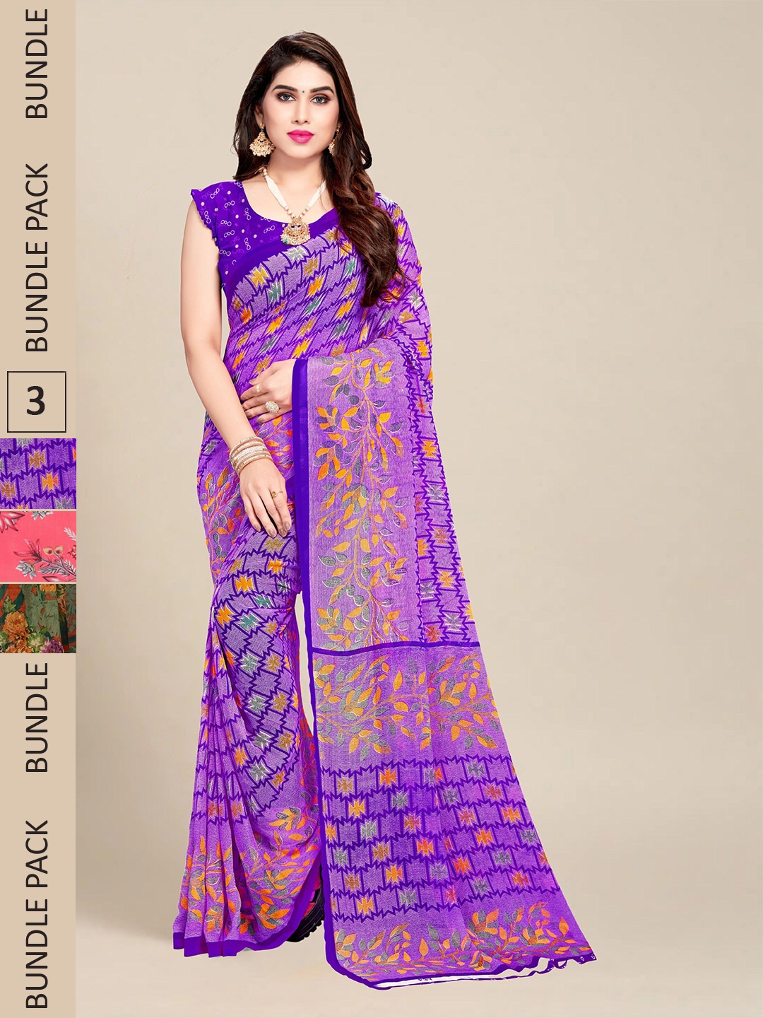 

MS RETAIL Pack of 3 Floral Pure Georgette Saree, Purple