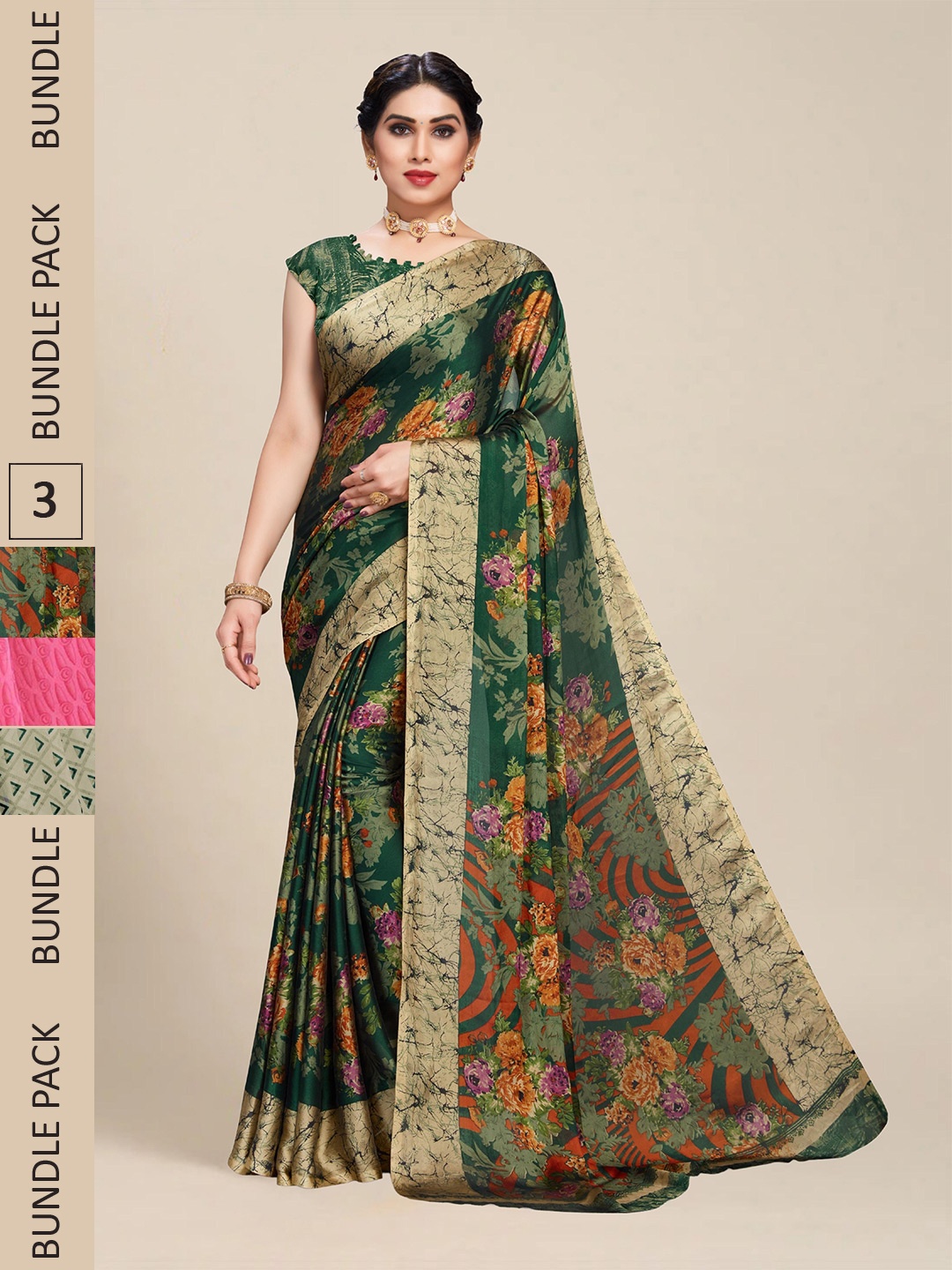 

MS RETAIL Pack of 3 Floral Pure Georgette Saree, Pink
