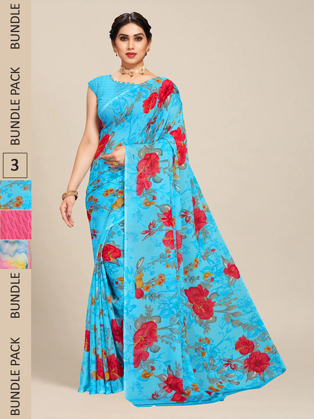 

MS RETAIL Pack of 3 Floral Pure Georgette Saree, Blue