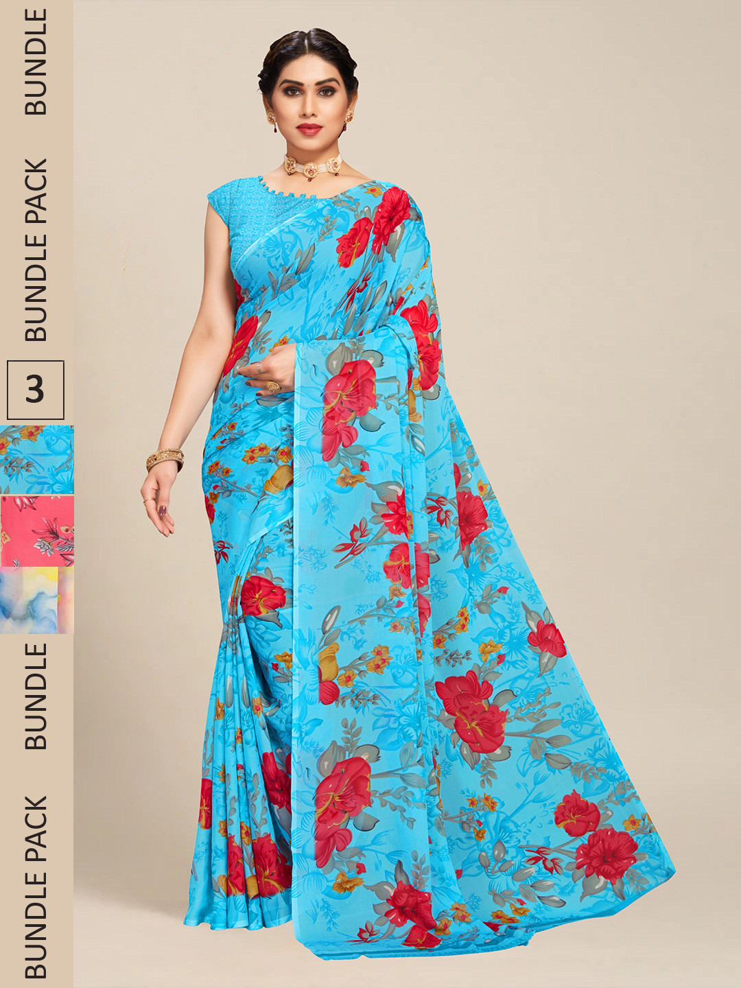 

MS RETAIL Pack of 3 Floral Pure Georgette Saree, Blue