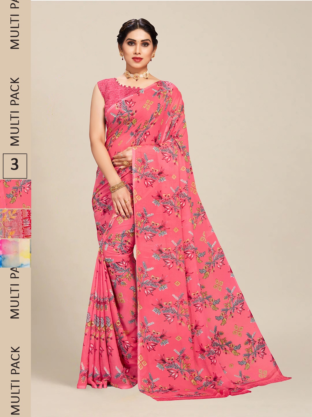 

MS RETAIL Pack of 3 Floral Pure Georgette Saree, Pink