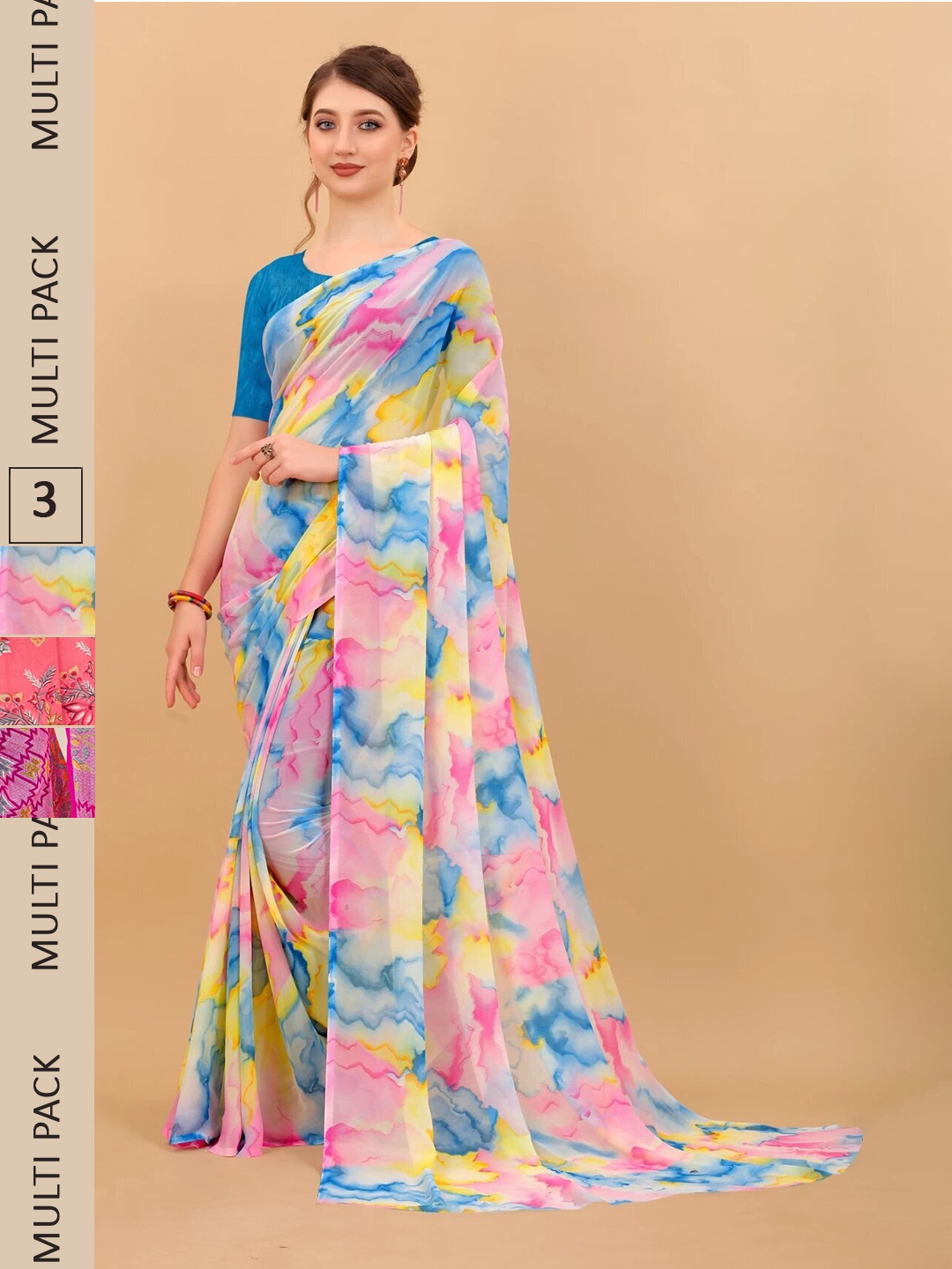 

MS RETAIL Pack Of 3 Floral Pure Georgette Saree, Pink