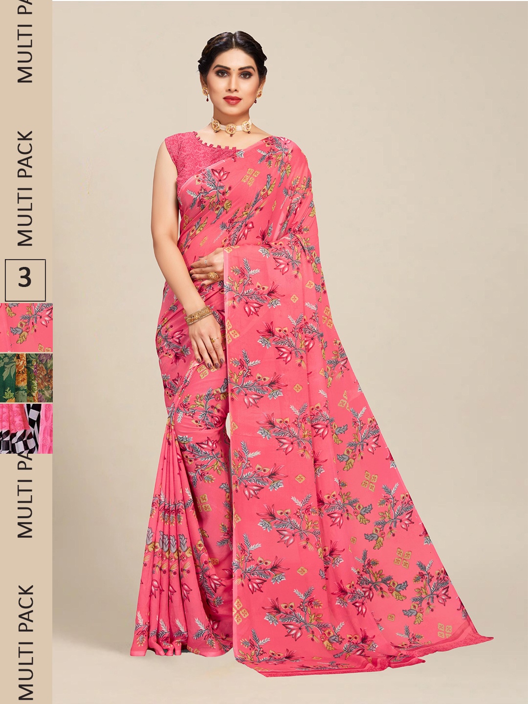 

MS RETAIL Pack Of 3 Floral Pure Georgette Saree, Blue