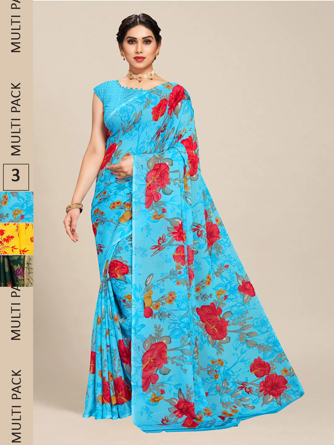 

MS RETAIL Pack Of 3 Floral Pure Georgette Saree, Blue
