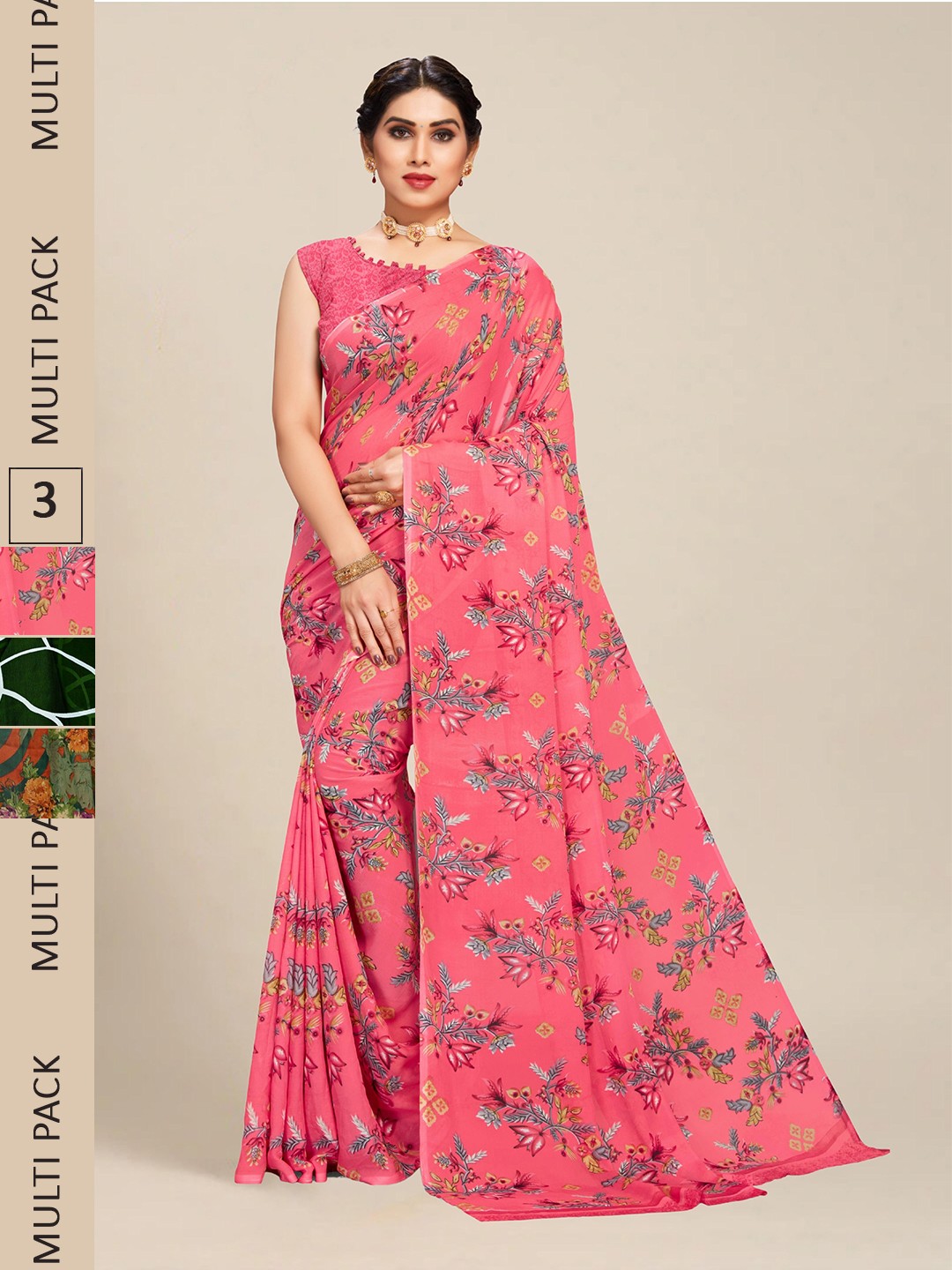 

MS RETAIL Pack Of 3 Floral Pure Georgette Saree, Pink