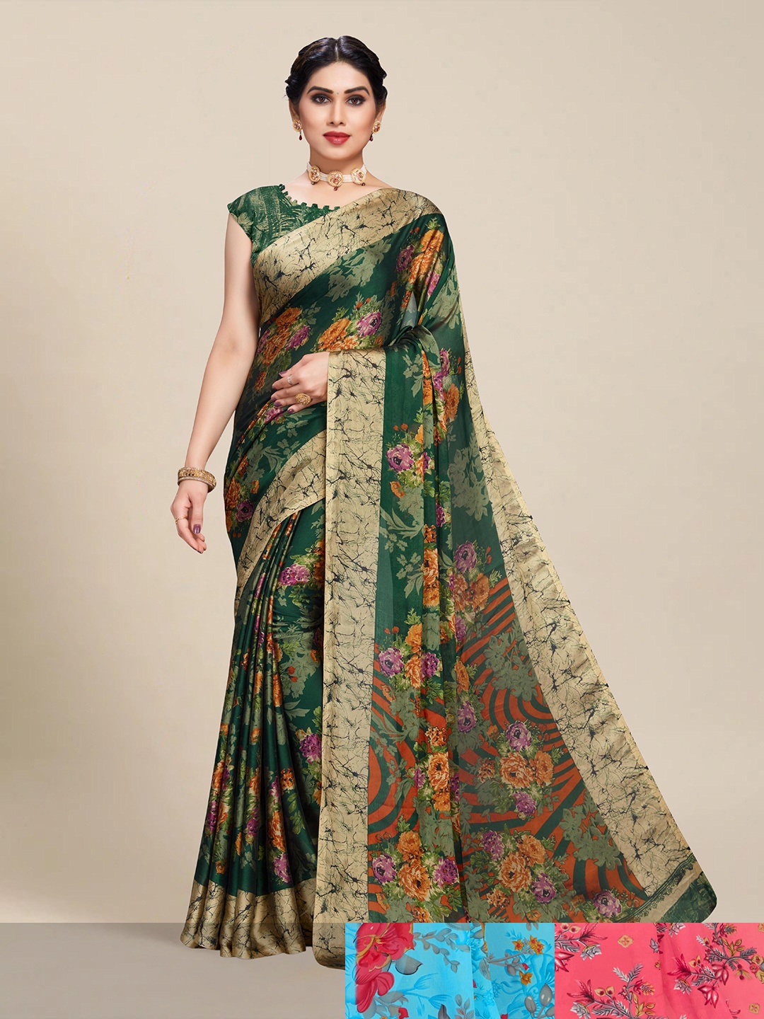 

MS RETAIL Pack Of 3 Floral Pure Georgette Saree, Blue