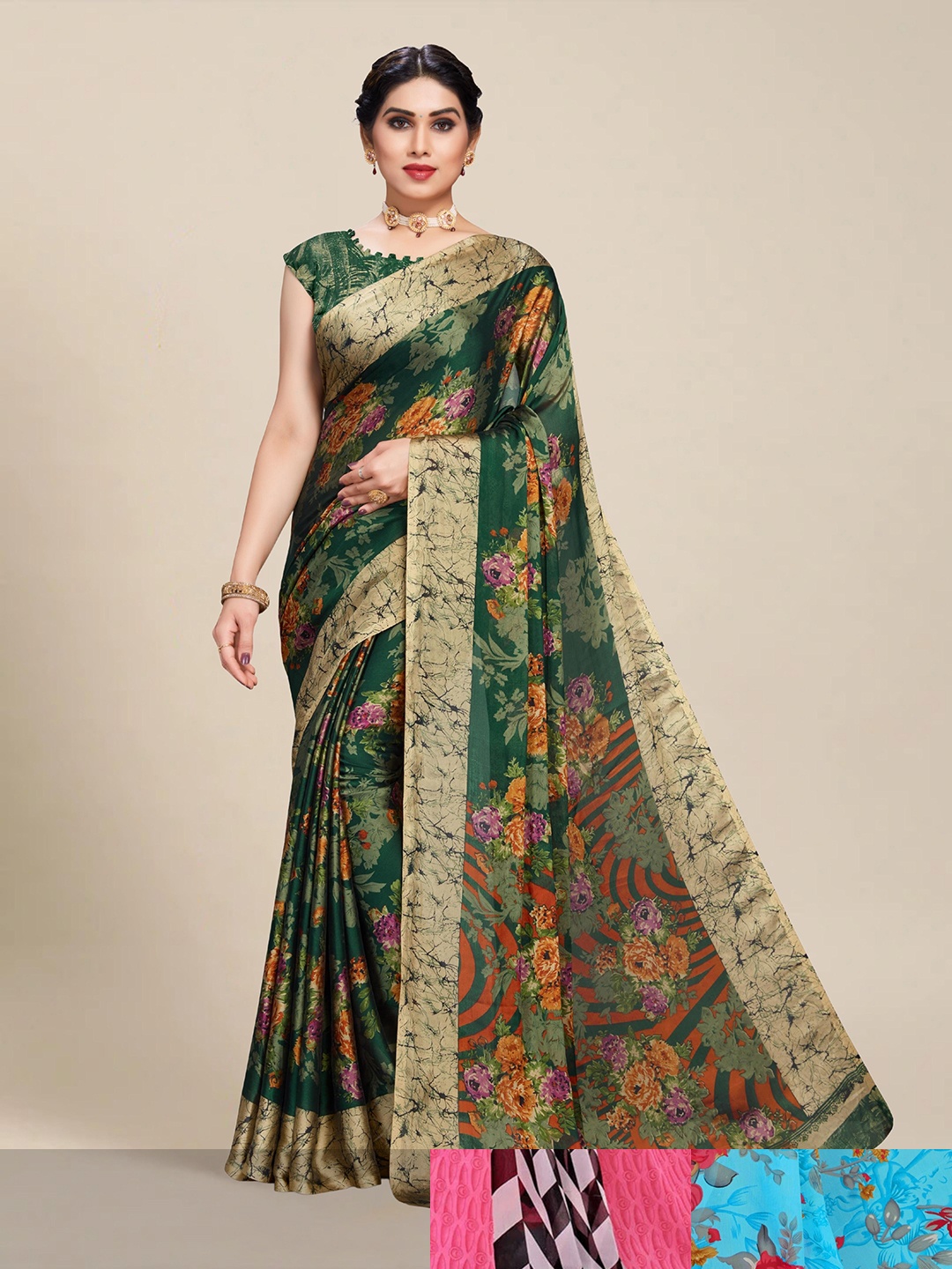 

MS RETAIL Pack Of 3 Floral Pure Georgette Saree, Green