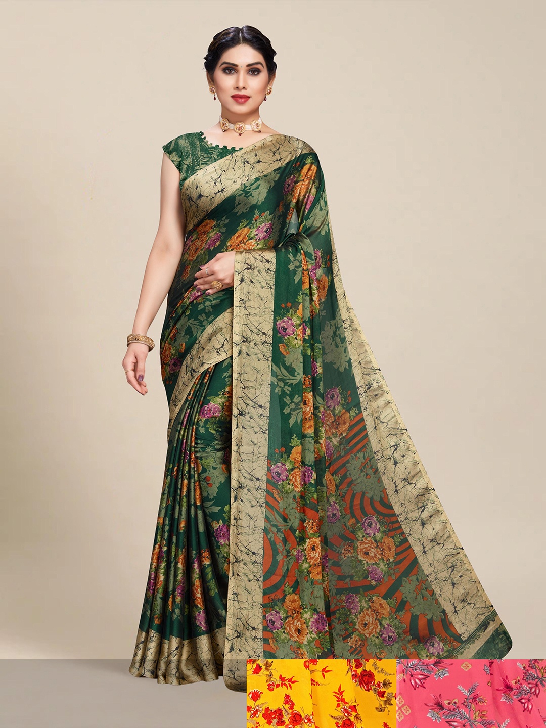 

MS RETAIL Pack Of 3 Floral Pure Georgette Saree, Blue