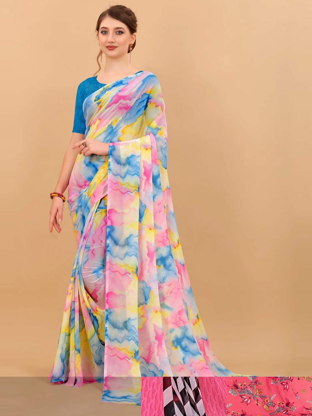 

MS RETAIL Pack Of 3 Floral Pure Georgette Saree, Pink