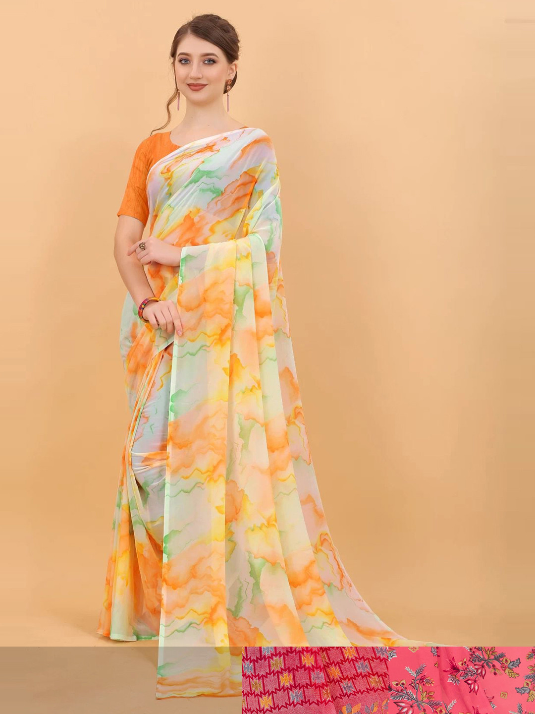 

MS RETAIL Pack Of 3 Floral Pure Georgette Saree, Pink