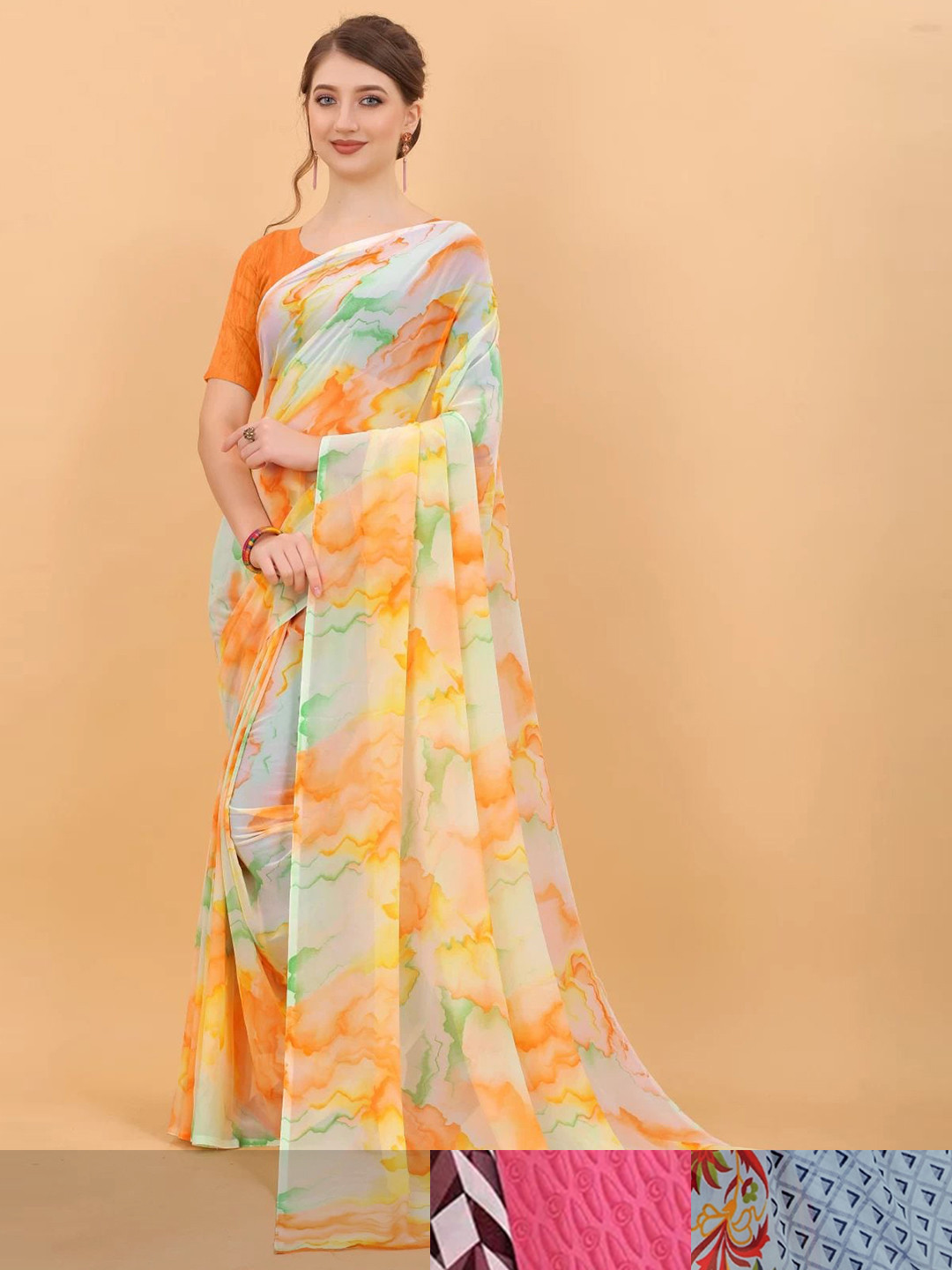 

MS RETAIL Pack Of 3 Floral Pure Georgette Saree, Green