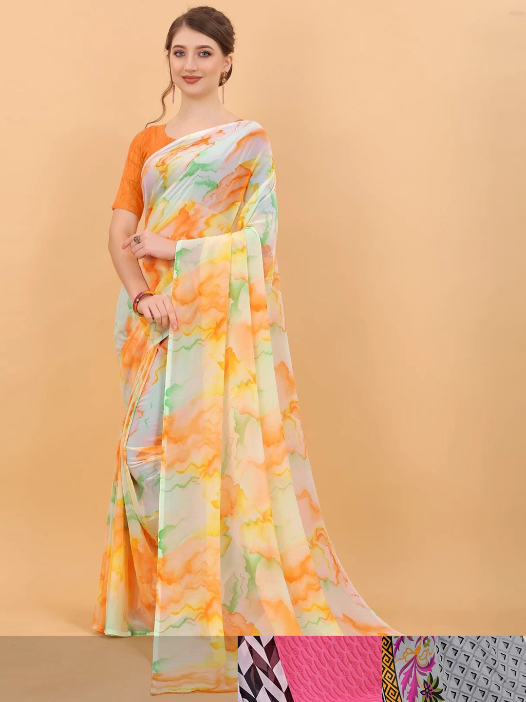 

MS RETAIL Pack Of 3 Floral Pure Georgette Saree, Pink