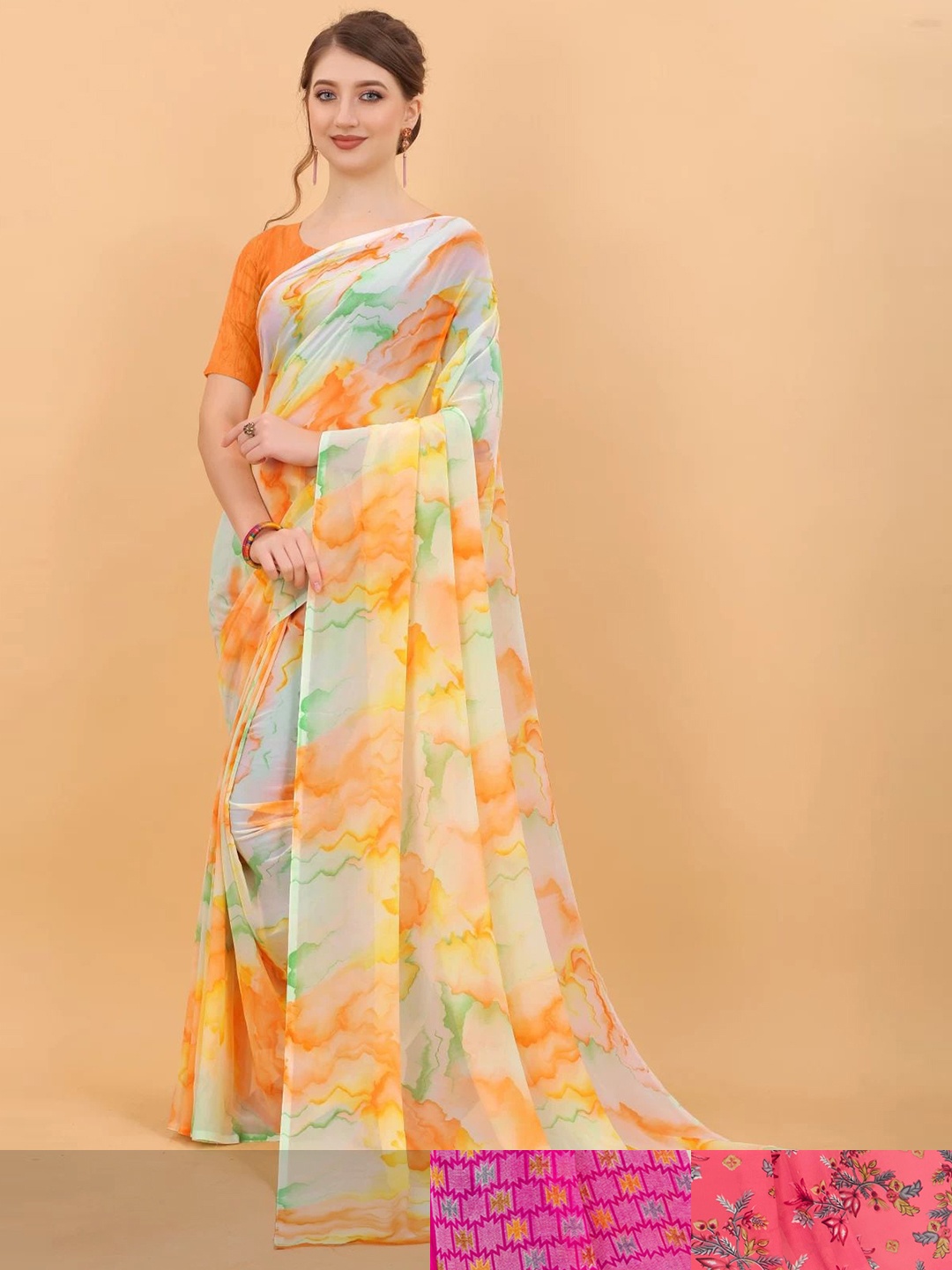 

MS RETAIL Pack Of 3 Floral Pure Georgette Saree, Pink